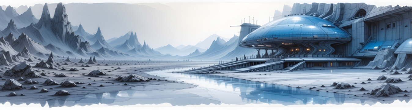 illustrazione in colori ad acqua di futuristico paesaggio alieno di fantasia