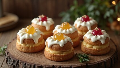Easter cupcakes with cream filling and colorful fruit toppings on a wooden platter