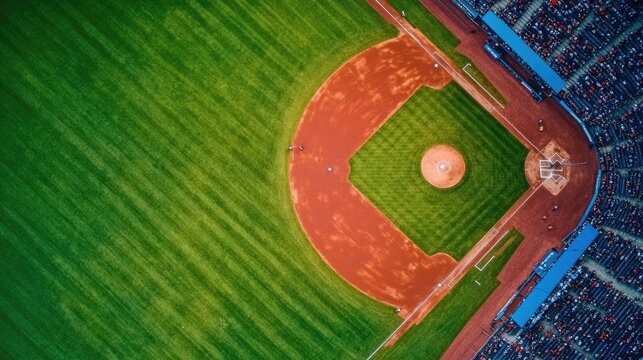 Aerial view of an empty baseball field with lush green grass