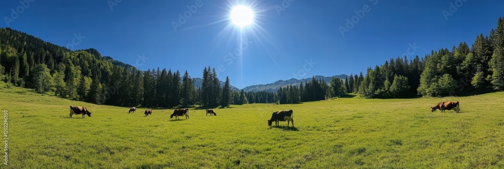 Aufkleber cows grazing in a sunlit green meadow on a clear day surrounded by lush trees and distant mountains.