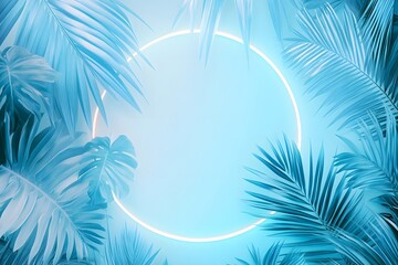 Blue tropical foliage frames a luminous circular light installation