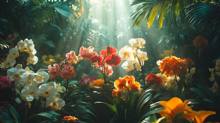 A vibrant orchid garden, with various colors of orchids blooming under soft sunlight, creating a serene environment, shot with a telephoto lens