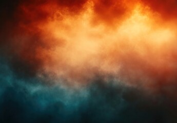Abstract background with smoke, fog, and clouds in orange, red, and blue colors. Dark background with copy space.