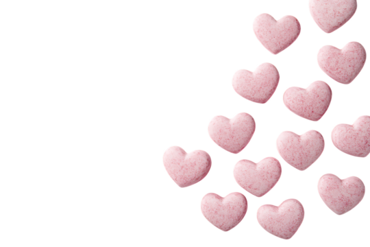 Soft pink hearts scattered on a clean transparent background with subtle shading and textures