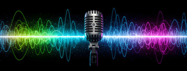Professional microphone glowing with neon waveforms, showcasing themes of music, podcasting and audio production in a futuristic - colorful design banner cover