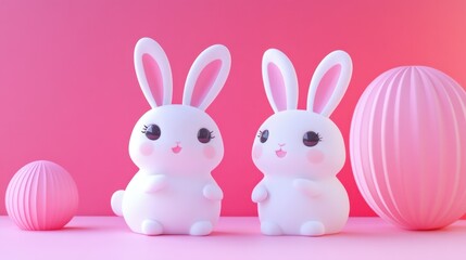 Obraz premium Delightful cartoon bunnies set against a vibrant pink backdrop, perfect for children’s decor. Ideal for spring themes, animations, and playful designs.
