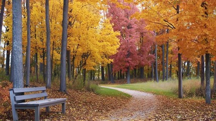 Autumnal Pathway Bench Amidst Colorful Trees