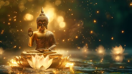 Thai golden buddha statue near a lotus flower surrounded by luminous mist