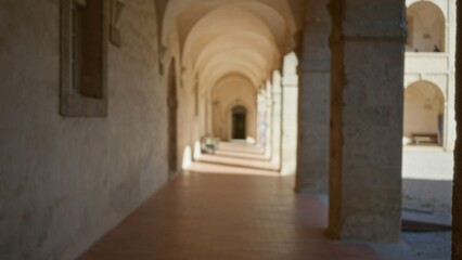 Blurred view along an old university campus corridor with historic arches casting shadows, creating a peaceful and defocused atmosphere emphasizing architectural beauty.