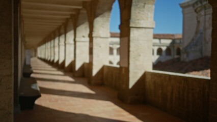 Blurred view of a historic university campus corridor with architectural archways and sunlit outdoor scene creating a serene, scholarly ambiance.