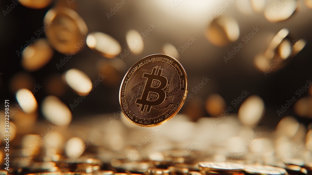 Poster gold bitcoins are dynamically moving over a blurred pile of coins, symbolizing the fluctuating crypt