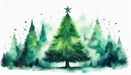 Obraz premium minimalist watercolor christmas tree illustration with star, festive forest landscape, green tones, holiday decor, seasonal design