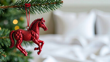 Red horse toy on a spruce branch. New Year's card.