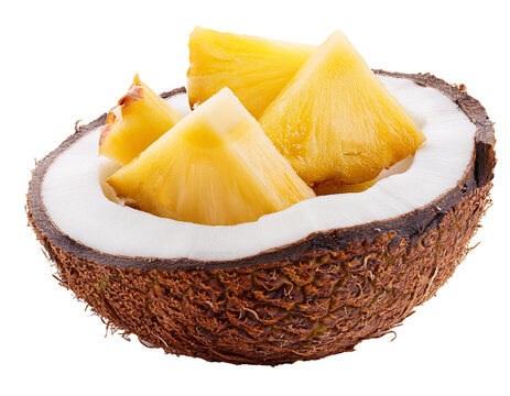 Coconut and pineapple pieces isolated on white background, cut out