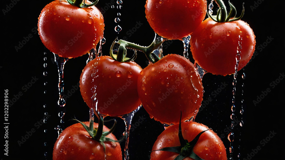 Wall mural Tomatoes in mid motion, surrounded by glistening water droplets. The sharp lighting accentuates the vibrant red tones against a sleek black background, creating a bold and refreshing composition.