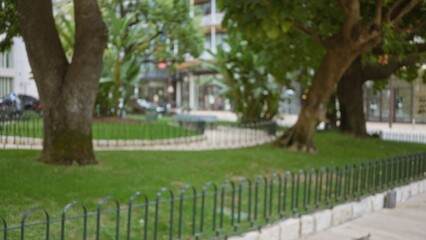 Blurred view of a luxury street in monaco with greenery, trees, and vibrant outdoor ambience captured in soft focus.