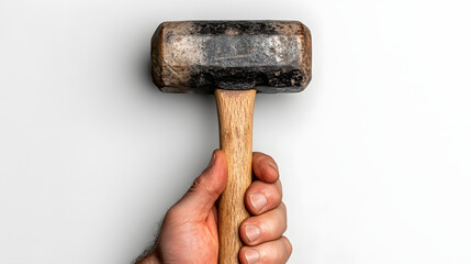 Worker&rsquo;s hand gripping a heavy-duty hammer with a rustic wooden handle and steel head, UHD 4K Image.	
