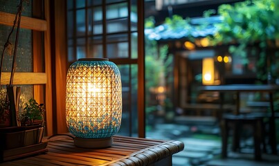 A glowing lamp illuminates a cozy room with a view of a lush, dimly lit garden space