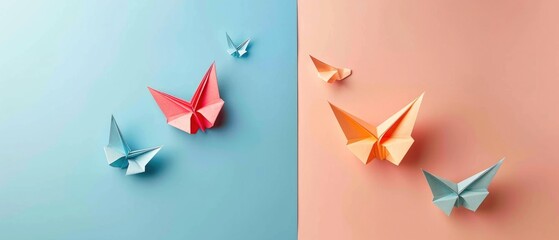 Origami paper and flowers with palm leaves on a colorful background. Flat lay composition with copy space. Top down aerial view of origami paper folding in tropical theme. Creative design. AIG55.