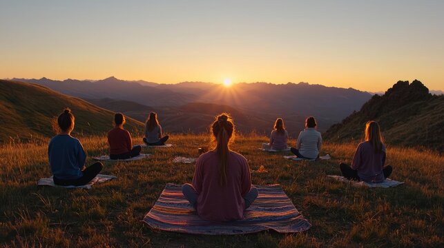 Sunrise yoga session in mountains; peaceful group meditation; scenic background; wellness retreat