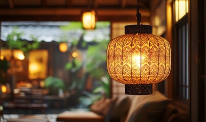 Warm glowing lantern illuminates a cozy room with blurred outdoor view