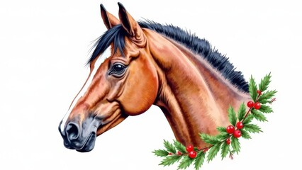 Obraz premium Portrait of a horse with flowers on a white background.