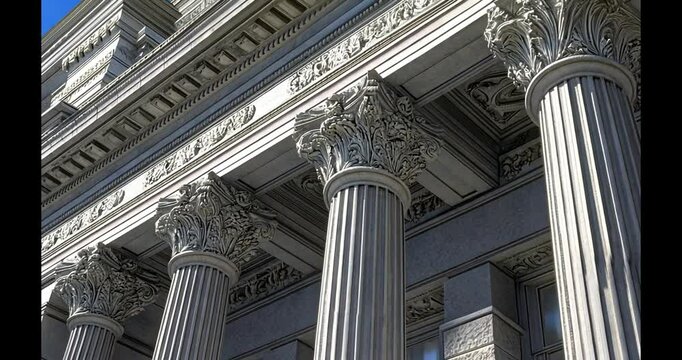 City building ornate columns architectural detail sunlight
