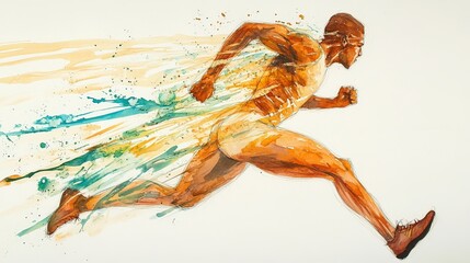 Watercolor painting of an athletic figure in motion, dynamic lines and bold brushstrokes conveying energy, with harmonious colors against a white background