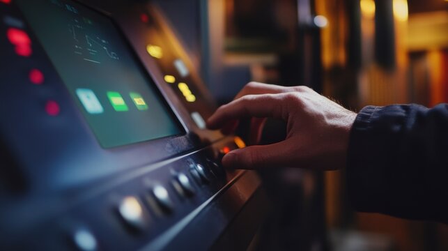 An operators hand tapping a touchscreen interface with vivid notifications appearing in a floating window signaling an emergency maintenance requirement on a machine.