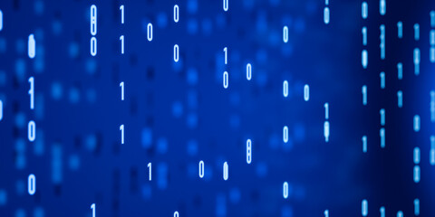 Close-up floating binary code, big data, bit and byte, abstract digital data. Computer language, technology, algorithm, dual, digital assets, system, in order, transfer, processing. 3D animation