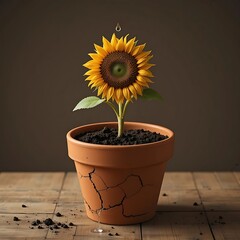 Obraz premium Wilting Sunflower in Cracked Pot with Single Water Drop – Symbol of Hope and Struggle