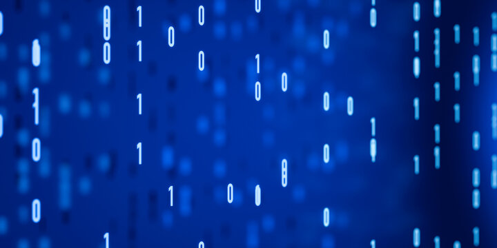 Close-up floating binary code, big data, bit and byte, abstract digital data. Computer language, technology, algorithm, dual, digital assets, system, in order, transfer, processing. 3D animation