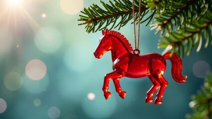 Red horse toy on a spruce branch. New Year's card.