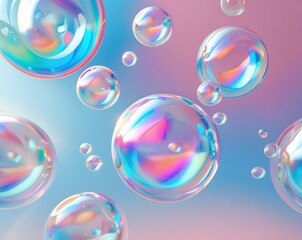 Translucent, colorful bubbles floating on a soft gradient create a whimsical, playful scene.
