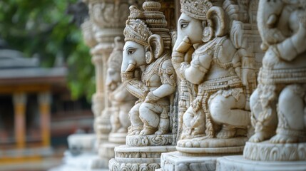 Obraz premium Discover the stunning intricate stone carvings of the Hindu deity Ganesh, showcasing exquisite craftsmanship in a serene temple setting, symbolizing spirituality and tradition.