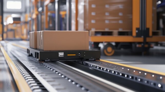 A closeup of an automated guided vehicle AGV transporting heavy materials across a factory floor with safety sensors and laser guidance systems evident in the design illustrating modern