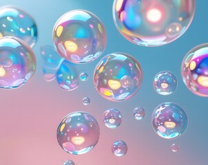 Translucent, colorful bubbles floating on a soft gradient create a whimsical, playful scene.