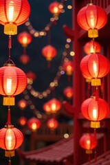 Colorful Lunar New Year decorations with lanterns and couplets , couplets, celebrations, lanterns