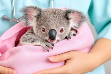 Veterinarian caring for a koala in a wildlife rescue with soft lavender and coral-pink tones showcasing compassion and dedication to animal welfare