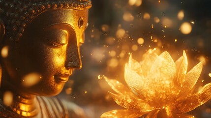 Thai golden buddha statue and lotus flower glowing under a radiant mist
