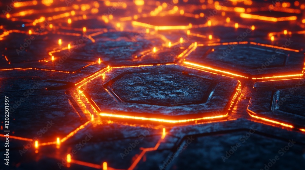 Poster glowing hexagonal grid, dark stone texture, fiery orange lines.
