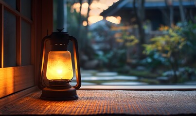 A warm glow emanates from an antique lamp on a woven mat against a blurred outdoor scene