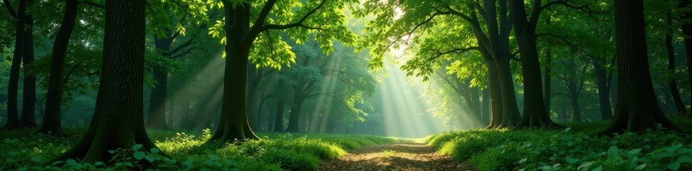 Dense foliage of trees swaying in the gentle forest breeze, landscape, forest scenery