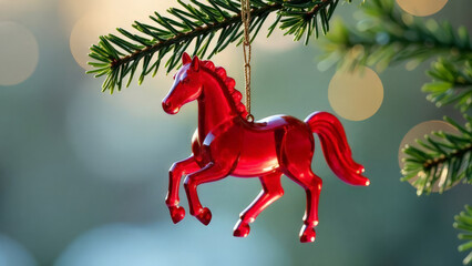 Red horse toy on a spruce branch. New Year's card.