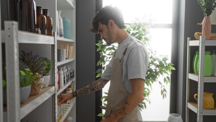 Young man with beard and tattoos wearing an apron and arranging items in a well-decorated home...