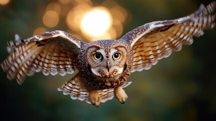 Owl in flight at sunset, forest background, nature wildlife photography