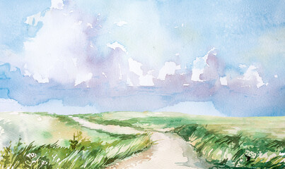 Landscape with fence and sky watercolor painting. Hand painted nature portrait artwork.