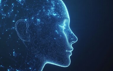 Blue background with a low-poly human head made of glowing dots and lines, an artificial intelligence concept Generative AI