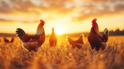 Two chickens stand in a sunlit field, the warm glow of sunrise casting vibrant colors across the...