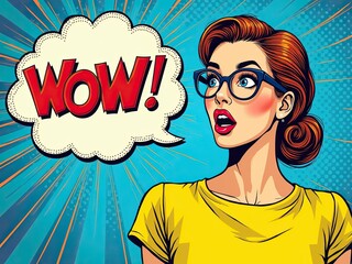 A vibrant pop art illustration of a woman with glasses, expressing surprise speech bubble, set against a bright yellow background.
